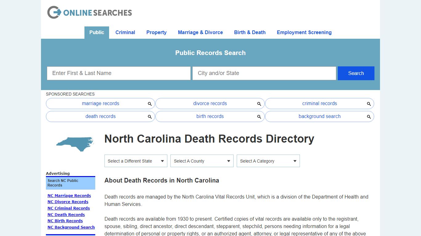 North Carolina Death Records Directory - OnlineSearches.com