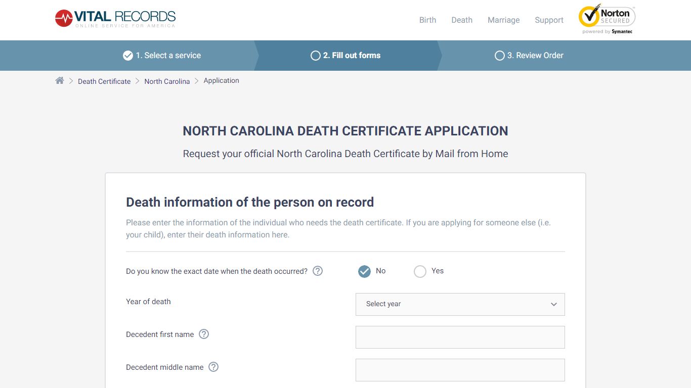 North Carolina Death Certificate Application - Vital Records Online