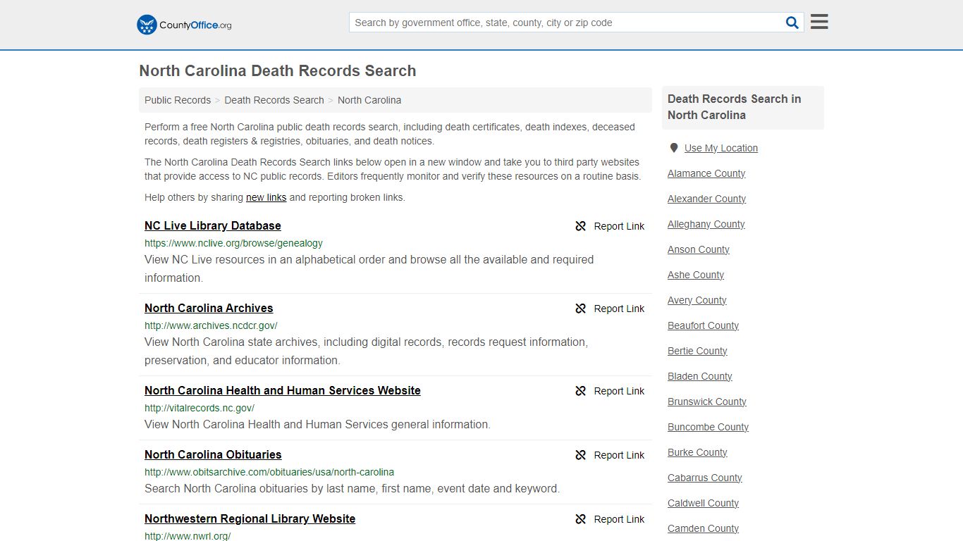 North Carolina Death Records Search - County Office
