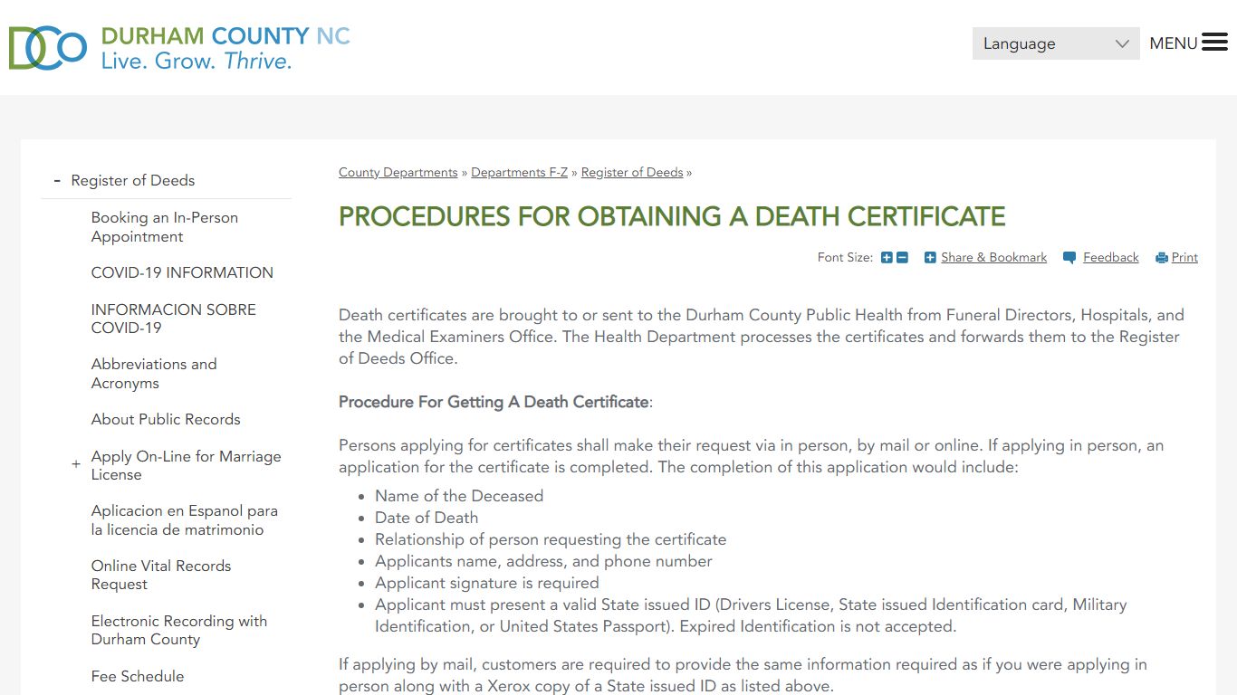 Procedures for Obtaining a Death Certificate | Durham County - DCONC